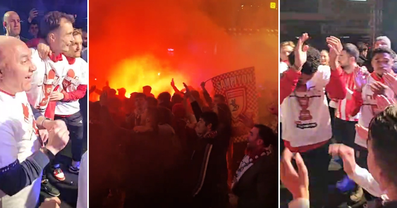 Samsunsporlu taraftarlar şampiyonluğu futbolcularla eğlenerek kutladı